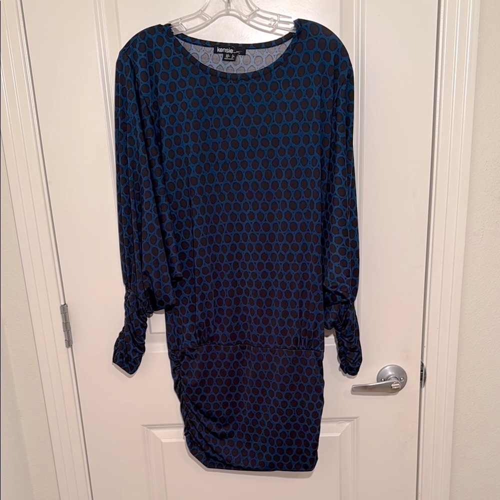 Kensie Blue Ruched Sheath Dress with Bishop Sleeves, Size Small